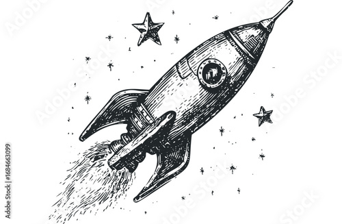 Vintage rocket ship with stars and exhaust plumes. Vector hand drawn illustration