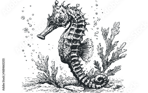 Seahorse amidst coral and bubbles, detailed engraving style. Vector hand drawn illustration