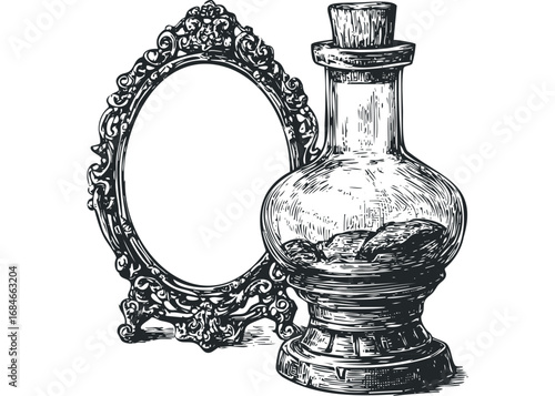 Ornate oval frame with vintage glass bottle containing stones. Vector hand drawn illustration