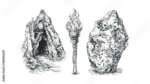 Sketch of cave entrance with rock and torch. Vector hand drawn illustration