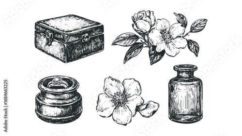 Vintage treasure chest, engagement ring, blooming flowers, and glass vial collection. Vector hand drawn illustration