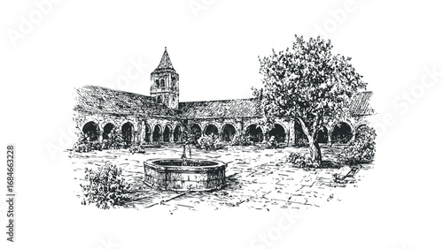 Architectural courtyard drawing with fountain and tree on transparent background. Vector hand drawn illustration
