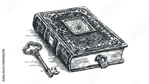 Vintage locked book with ornamental details and ornate key. Vector hand drawn illustration