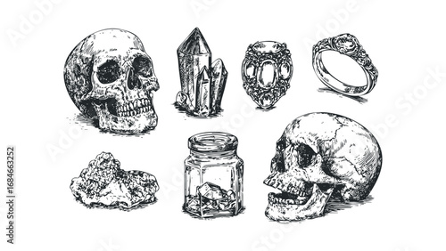 Vintage sketch of skulls, crystals, and jewelry on a transparent background. Vector hand drawn illustration
