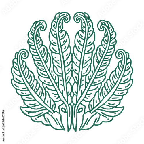 Fiddlehead fern icon, botanical line art, green growth symbol-