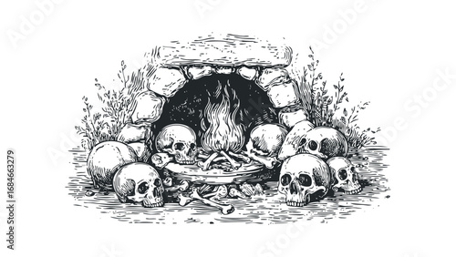 Collection of human skulls and bones arranged around a rough stone structure with a campfire within. Vector hand drawn illustration