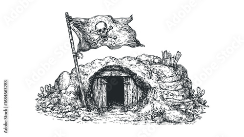 Pirate Hideout with Skull and Crossbones Flag on Rocky Terrain. Vector hand drawn illustration