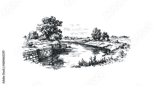 Sketch of a serene countryside landscape with a winding river and stone embankment. Vector hand drawn illustration