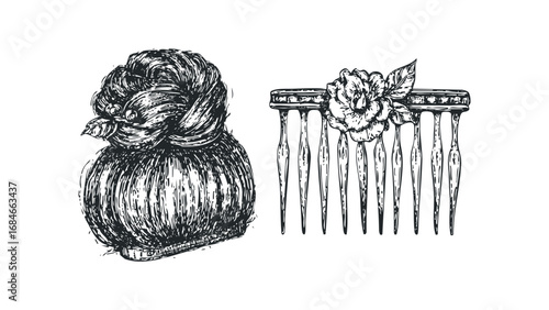 Hand-drawn sketch of braided hairstyle with floral hair accessory on transparent background. Vector hand drawn illustration
