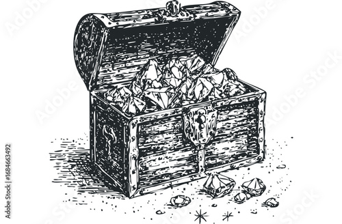 Sketch of an overflowing treasure chest filled with gemstones and scattered jewels. Vector hand drawn illustration