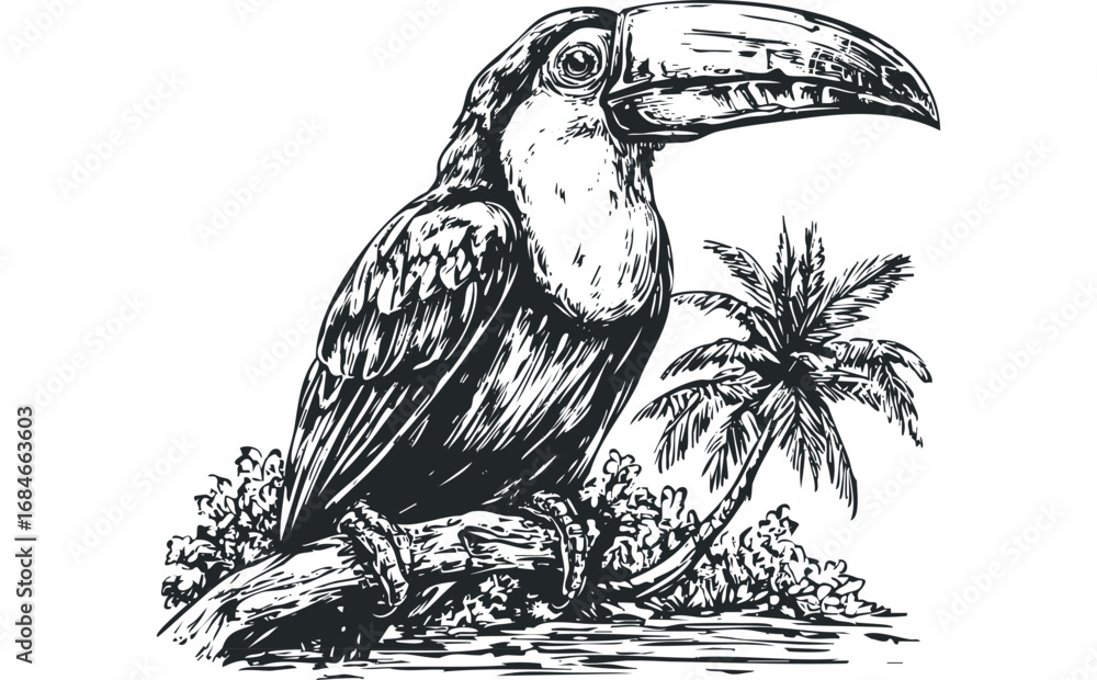 Fototapeta premium Toucan Bird Perched on Branch with Palm Tree in Sketch Style. Vector hand drawn illustration