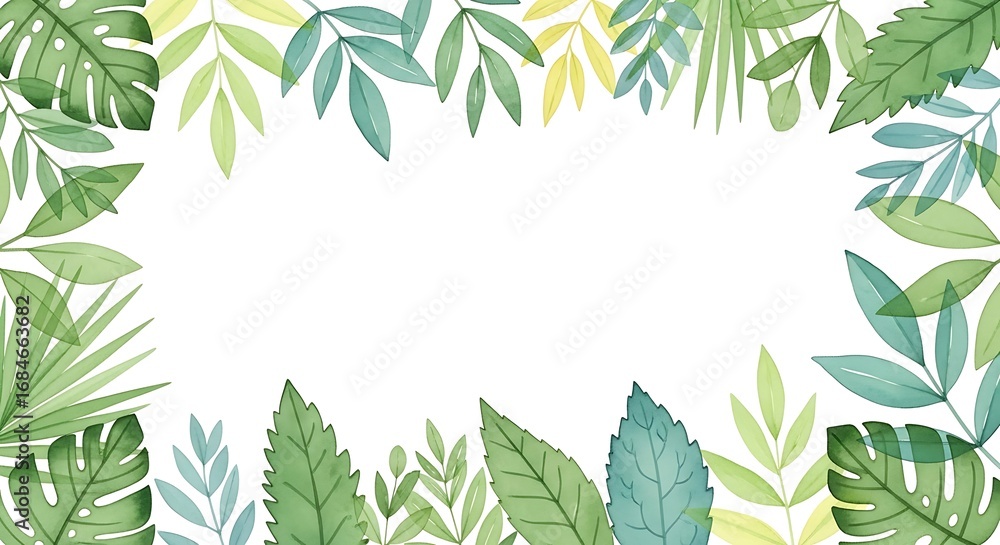 Naklejka premium Watercolor Tropical Foliage Frame with Monstera and Palm Leaves on White Background