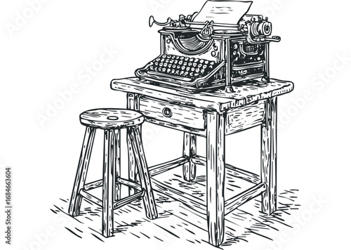 Vintage typewriter on wooden table with stool, drawing sketch. Vector hand drawn illustration