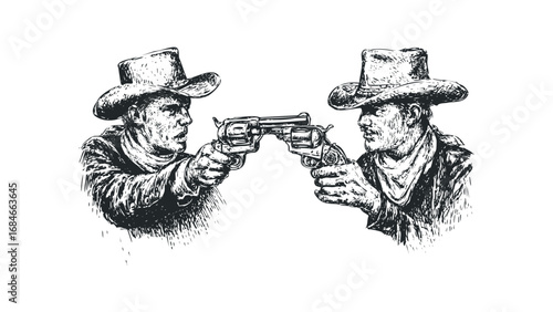 Two cowboys in a standoff with revolvers aimed at each other drawn in a sketch style. Vector hand drawn illustration