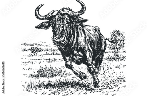 Wildebeest charging through grassland in ink sketch style. Vector hand drawn illustration