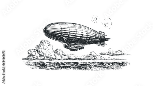 Vintage airship soaring above choppy ocean waves and fluffy clouds. Vector hand drawn illustration
