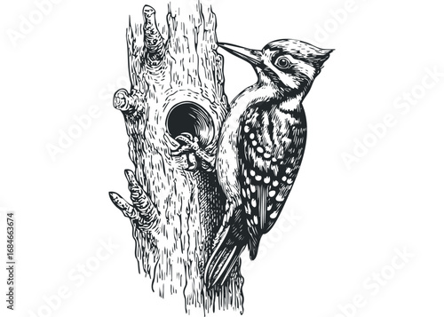 Woodpecker perched on a tree trunk with a hole. Vector hand drawn illustration