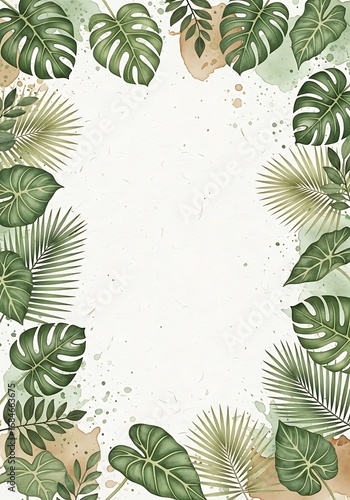Watercolor Tropical Foliage Frame with Monstera and Palm Leaves on Textured White