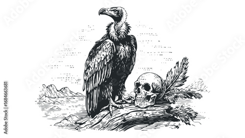 Vulture and Human Skull Perched on Log Near Mountainous Horizon in Line Art. Vector hand drawn illustration