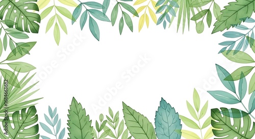 Watercolor Tropical Foliage Frame with Monstera and Palm Leaves on White Background