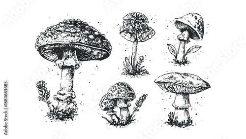 Pen and ink drawing of diverse mushroom varieties on transparent background. Vector hand drawn illustration