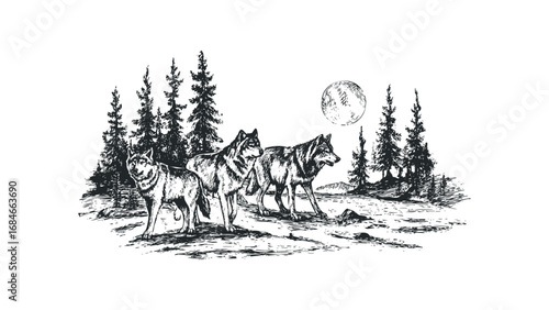 Trio of wolves walking through a forest with a full moon overhead. Vector hand drawn illustration