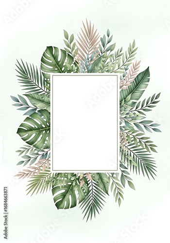 Watercolor Tropical Foliage Frame with Monstera Leaves and Blank Space