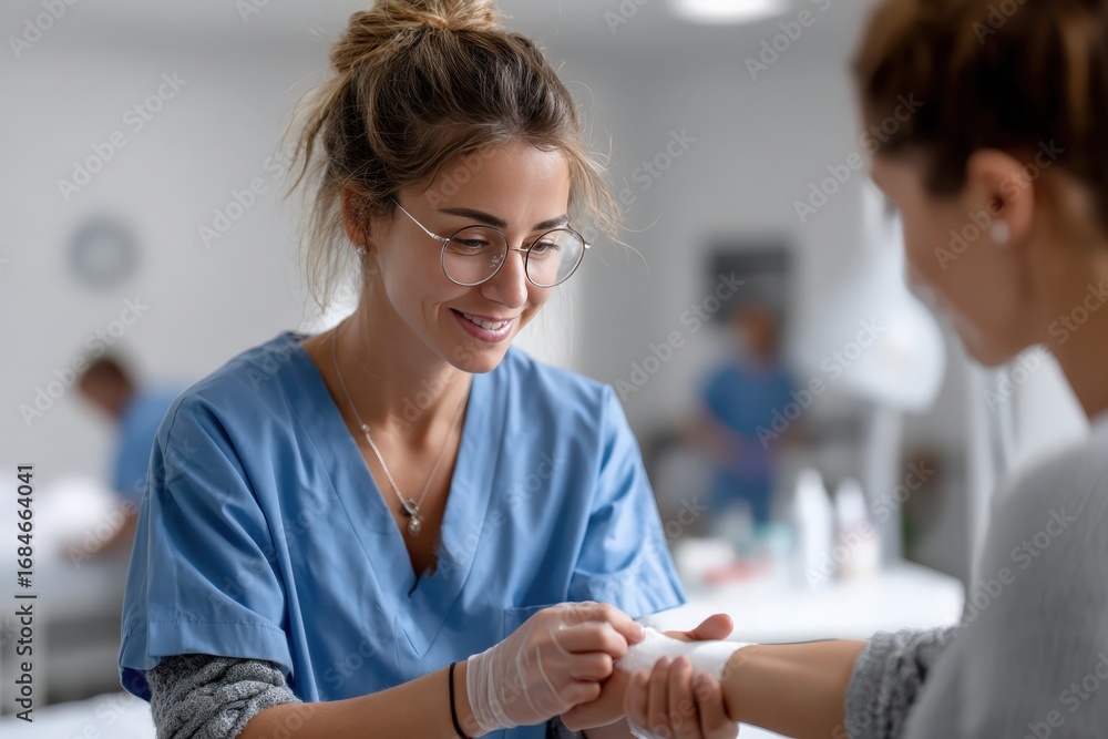 Fototapeta premium A nurse is bandaging a patients wrist in a hospital