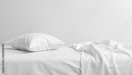 Serene image of a fluffy white pillow, perfectly crisp white sheets, and a soft, plush blanket, suggesting peaceful slumber and rest on a clean, white background , bedroom, texture, unwinding