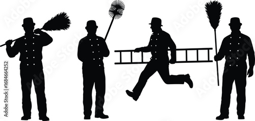 Chimney sweep silhouette, chimney cleaner with brush, chimney maintenance, chimney service, traditional chimney sweep, ladder and brush tools, 