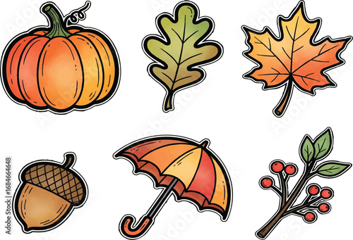 Autumnal pumpkin, leaves, acorn, berries, and umbrella arranged on white offer a seasonal, colorful, and cheerful mood.