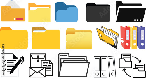 Folder icon set. Documents directory. Desktop icons. My computer PC shortcut signs. System software and devices. New eleven inspired vector illustrations.Document symbol icon for website design.