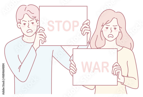An illustration of passionate activists holding signs advocating for peace and urging an end to war