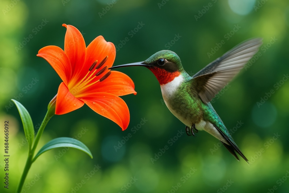 Naklejka premium Hummingbird feeding on vibrant orange lily flower in flight against green abstract background with soft light and nature-focused composition. Ai generative
