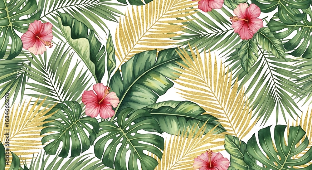 Naklejka premium Watercolor Tropical Pattern Featuring Hibiscus Flowers, Palm Leaves, and Golden Accents