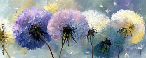 Watercolor dandelions with light tones background concept. Colorful dandelions in a whimsical, dreamy landscape.