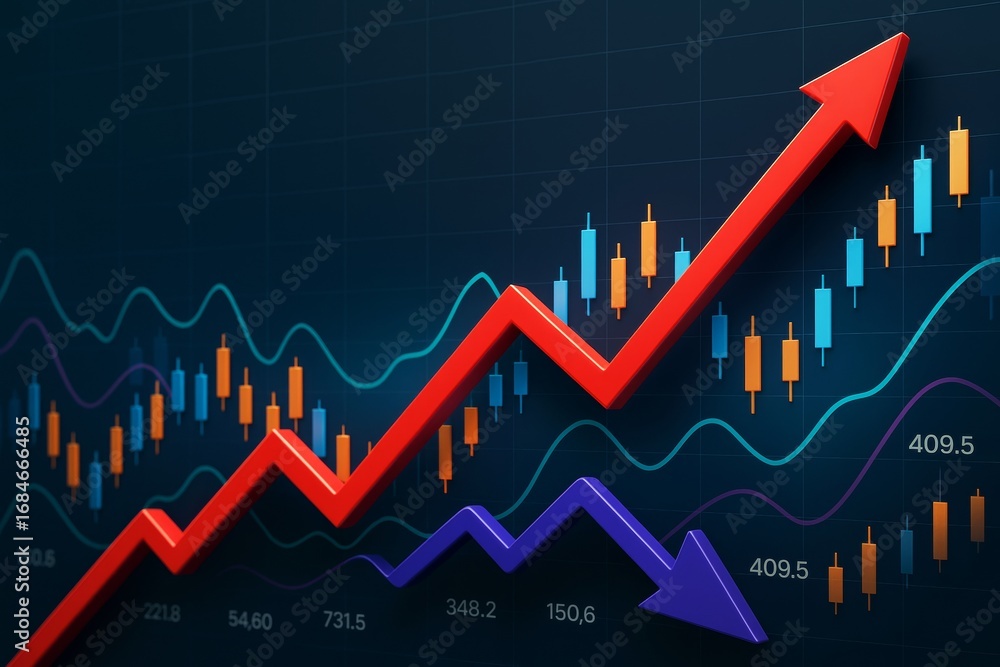 Naklejka premium Financial chart with upward and downward arrows on dark background symbolizing business growth and decline concept with light effects.