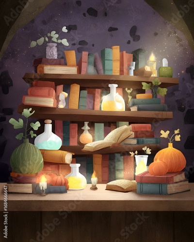 Enchanted Halloween library with floating books and potions