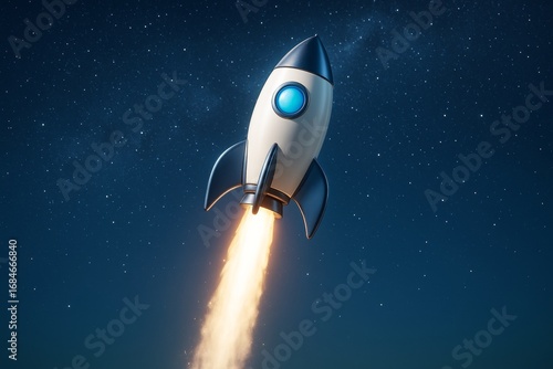 Cartoon rocket ship blasting off in space with fire trail under starry night sky, symbolizing launch, innovation, and progress concept. Ai generative