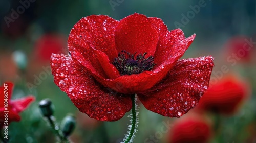 Red poppies displayed for remembrance day concept. Vibrant red poppy flower adorned with morning dew in nature.