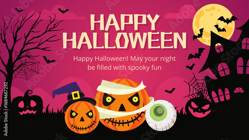 Spooky Halloween background featuring a haunted house, eerie fog, flying bats, and a glowing full moon, creating a chilling atmosphere for your Halloween-themed designs and projects.