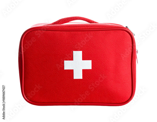 A red medical first aid bag, a crucial accessory for health and emergencies, isolated on a white background.