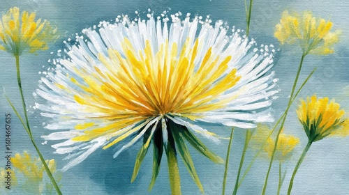 Watercolor dandelions with light tones background concept. A vibrant flower with bright yellow and white petals in bloom.