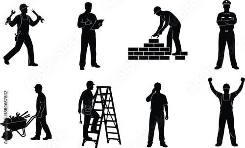 Construction worker silhouette, builder with tools, handyman on ladder, worker carrying wheelbarrow, 