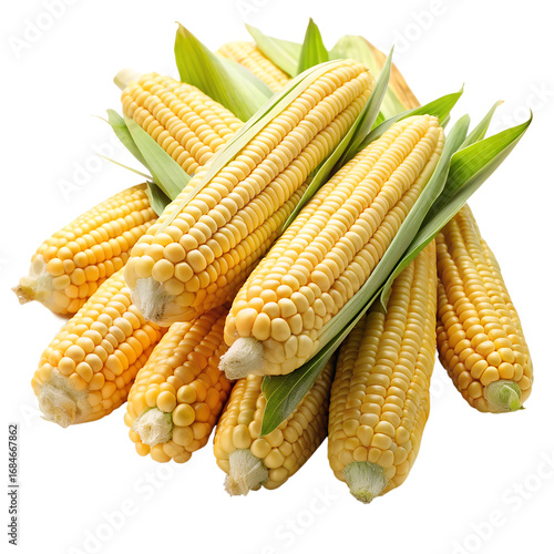 A pile of fresh yellow corn on the cob with green leaves, isolated on transparent background