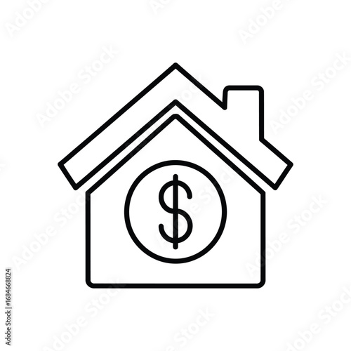 Vector line icon of a house with a dollar sign, symbolizing real estate investment, home financing, property value, and mortgage concepts