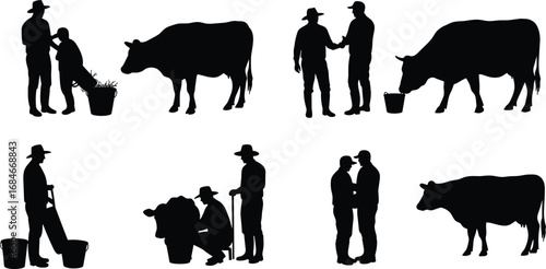 Silhouettes of farmers feeding, milking, and interacting with cows, rural farm life, livestock care, buckets, and countryside animal husbandry.