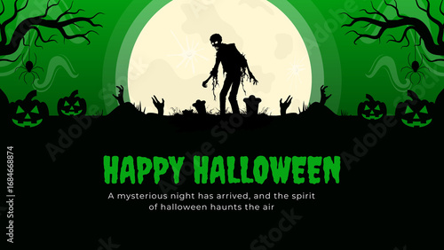 Spooky Halloween background featuring a haunted house, eerie fog, flying bats, and a glowing full moon, creating a chilling atmosphere for your Halloween-themed designs and projects.