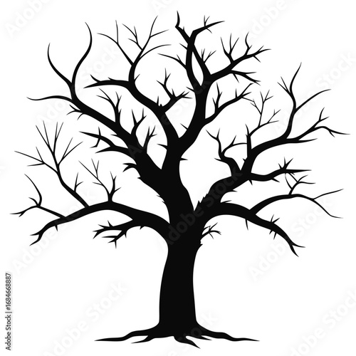 Barren dead tree with jagged branches, a stark and spooky silhouette on a clean white background, for Halloween or gothic-themed concepts.