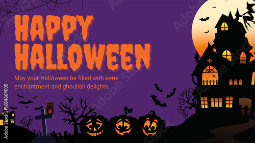 Spooky Halloween background featuring a haunted house, eerie fog, flying bats, and a glowing full moon, creating a chilling atmosphere for your Halloween-themed designs and projects.